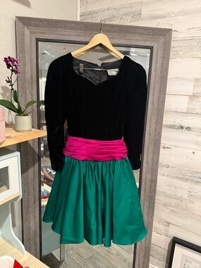 Black Velvet Top with Fuchsia Waistband and Emerald Green Skirt
